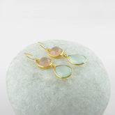 Drop Dangle Chalcedony Bezel Earrings, Chalcedony Cushion, Pear Gemstone Earring, Gold Plated Sterling Silver Hook Earring, Delicate Earring